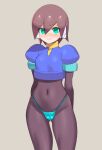  1girl aile_(mega_man_zx) bikini bikini_bottom_only black_bodysuit blush bodysuit brown_hair cleft_of_venus covered_navel crop_top green_eyes highleg highleg_bikini highres mega_man_(series) mega_man_zx robot_ears short_hair skin_tight smile solo swimsuit ukimukai 