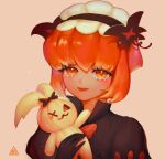  1girl bow bright_pupils butterfly_hair_ornament child closed_mouth cookie_run eggutarto ghost hair_ornament highres humanization juliet_sleeves long_sleeves orange_eyes orange_hair puffy_sleeves pumpkin_pie_cookie short_hair smile solo stuffed_animal stuffed_toy upper_body 