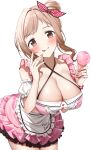  1girl :p absurdres apron arm_garter blush breasts center_frills cleavage collarbone fingernails frilled_apron frilled_skirt frills gawawawa hair_bun highres holding_ice_cream_cone ice_cream_cone idolmaster idolmaster_shiny_colors large_breasts leaning_forward light_brown_hair looking_at_viewer midriff_peek miniskirt nail_polish pink_shirt pink_skirt sakuragi_mano shirt sidelocks simple_background single_hair_bun skirt smile solo tongue tongue_out waist_apron white_apron white_background 