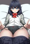  :o berlin_blue black_hair black_panties blue_eyes blue_skirt bow bowtie cardigan eyebrows_visible_through_hair grey_cardigan highres long_hair long_sleeves looking_at_viewer panties pillow red_neckwear shirt skirt solo ssss.gridman takarada_rikka underwear white_pillow white_shirt 