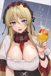 1girl azur_lane between_breasts bismarck_(azur_lane) blonde_hair blue_eyes bow breasts cup frilled_hairband frills hair_between_eyes hairband highres holding holding_cup huge_breasts long_hair looking_at_viewer maitei_roppa official_alternate_costume open_mouth puffy_short_sleeves puffy_sleeves red_bow short_sleeves solo upper_body very_long_hair 