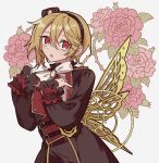  1boy :o absurdres androgynous belt black_hairband black_jacket blonde_hair brooch butterfly_wings cowboy_shot ensemble_stars! floral_background flower frilled_sleeves frills gears hair_between_eyes hairband hands_up highres insect_wings jacket jewelry long_sleeves looking_at_viewer male_focus meremero metal_wings nito_nazuna open_mouth plant red_eyes red_flower red_rose ribbon rose short_hair solo standing thorns vines white_background white_ribbon wings 