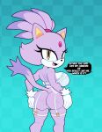 anthro blaze_the_cat breasts butt clothed clothing dipstick_hair dipstick_tail domestic_cat felid feline felis female forehead_gem gloves hair hand_on_butt hand_on_own_butt handwear hi_res lilac_fur lingerie mammal markings no_underwear open_mouth sega smile smirk solo somescrub sonic_the_hedgehog_(series) tail tail_markings talking_to_viewer tied_hair yellow_eyes