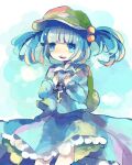  1girl backpack bag blue_background blue_eyes blue_hair blue_shirt blue_skirt collared_shirt cowboy_shot green_bag green_headwear hair_bobbles hair_ornament hat hiyuu_(hiyualice) kawashiro_nitori key long_sleeves looking_at_viewer medium_hair open_mouth shirt simple_background skirt smile solo touhou two_side_up white_background 