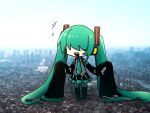  1girl absurdly_long_hair black_skirt black_sleeves black_thighhighs chibi chibi_only city collared_shirt covered_eyes day detached_sleeves full_body giant giantess green_hair green_necktie grey_shirt hair_ornament hair_over_eyes hatsune_miku headphones kyomu_305 long_bangs long_hair long_sleeves mekakure_miku_(homma_nuruneko) miniskirt necktie open_mouth outdoors photo_background pleated_skirt sharp_teeth shirt skirt sleeveless sleeveless_shirt sleeves_past_fingers sleeves_past_wrists smile solo standing teeth thighhighs twintails very_long_hair very_long_sleeves vocaloid 