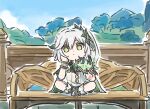  1girl :| bench cape chibi closed_mouth cross-shaped_pupils double-parted_bangs dress elbow_rest expressionless full_body genshin_impact green_eyes green_hair grey_hair hair_between_eyes hair_ornament hand_on_own_cheek hand_on_own_face holding leaf_hair_ornament long_hair multicolored_hair nahida_(genshin_impact) on_bench shoes side_ponytail sitting solo symbol-shaped_pupils two-tone_hair xinzoruo 