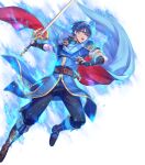  1boy attack aura blue_aura blue_cape blue_eyes blue_hair cape fingerless_gloves fire_emblem fire_emblem:_mystery_of_the_emblem fire_emblem_engage fire_emblem_heroes floating gloves highres holding holding_sword holding_weapon marth_(emblem)_(fire_emblem) marth_(fire_emblem) multicolored_cape multicolored_clothes non-web_source open_mouth red_cape solo sword tiara weapon 