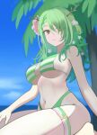  1girl bikini blue_sky branch breasts ceres_fauna flower green_hair hair_flower hair_ornament hair_over_one_eye highleg highres hololive hololive_english j.d._thunderhawk large_breasts long_hair looking_at_viewer navel ocean palm_tree sky smile solo striped_bikini striped_clothes swimsuit thighs tree virtual_youtuber yellow_eyes 
