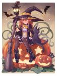  1girl animal bat_(animal) black_cat boots bow bowtie braid broom brown_hair cape cat corset dress frilled_dress frills green_eyes halloween hat hat_belt holding holding_broom jack-o&#039;-lantern lantern large_hat long_hair looking_at_viewer mouse multiple_tails night night_sky original pantyhose pointy_ears pumpkin sitting sky smile solo soujirou tail twin_braids witch witch_hat 