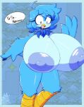 &lt;3 &lt;3_eyes absurd_res anthro areola avian beak big_breasts bird black_eyes blue_body blue_hair blush blush_lines breasts exposed_breasts female gardegu hair hi_res huge_breasts hyper hyper_breasts martlet_(undertale_yellow) nipples open_mouth smile solo thick_thighs undertale_yellow wide_eyed