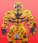 anthro beetleartz big_butt black_clothing black_gloves black_handwear black_stripes butt clothing epic_games felid fingerless_gloves fortnite gloves handwear hi_res male mammal muscular muscular_anthro muscular_male nude orange_body oscar_(fortnite) pantherine rear_view red_background simple_background solo standing striped_body stripes tail tiger