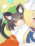  2girls :o animal_ear_fluff animal_ears blonde_hair blush breasts brown_eyes brown_hair cat_ears cat_tail chen closed_eyes commentary_request dress forked_tail fox_tail frills grabbing_another&#039;s_shoulder green_headwear hair_between_eyes hat highres large_breasts looking_at_viewer medium_hair mob_cap multiple_girls multiple_tails nekomata ol07469724 open_mouth red_dress solo_focus sweat tail touhou upper_body yakumo_ran 