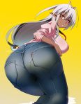  antenna_hair ass bent_over breasts brown_eyes commentary_request dark_skin denim from_behind gradient gradient_background jeans kouki_kuu large_breasts long_hair looking_at_viewer looking_back pants pantylines pointy_ears raised_eyebrows sansei_muramasa silver_hair solo soukou_akki_muramasa tan thick_thighs thighs tight tight_pants very_long_hair yellow_background 