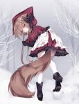  1girl animal_ear_fluff animal_ears apron black_footwear boots brown_eyes brown_hair capelet dress finger_to_mouth from_behind highres hood kurumi_mashiro leaning_forward little_red_riding_hood long_hair long_tail looking_at_viewer looking_back original outdoors red_dress snow solo tail thighhighs tree waist_apron white_apron white_thighhighs wolf_ears wolf_girl wolf_tail 