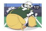 american_football anthro belly big_belly big_breasts bovid bovine breasts cattle cheese clothed clothing dairy_products dialogue digital_media_(artwork) english_text female food green_bay_gal green_bay_packers hair hi_res kingcreep105 mammal massive_thighs nfl overalls overweight shirt solo sport tail text thick_thighs topwear torn_clothing vore white_hair wide_hips