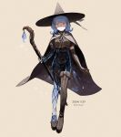  1girl blue_eyes blue_hair boots cloak commentary_request crystal dated elbow_gloves fantasy full_body gloves hat highres holding holding_staff kumomachi original simple_background single_elbow_glove single_thigh_boot solo staff thigh_boots translucent_skin witch witch_hat 