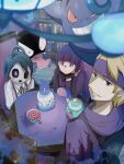  1girl 2boys ahoge allister_(pokemon) alternate_costume black_hair black_sweater blonde_hair blunt_bangs bob_cut buttons chandelure collarbone fire gastly gengar ghost glasses headband highres holding holding_mask ichii_(blackbook0007) litwick mask morty_(pokemon) multiple_boys pokemon pokemon_(creature) pokemon_bw pokemon_hgss pokemon_swsh polteageist purple_fire purple_hair purple_headband purple_scarf purple_skirt rimless_eyewear round_eyewear scarf shauntal_(pokemon) short_hair sinistea skirt suspenders sweater very_short_hair 