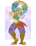 anthro armwear avian beak blonde_hair blue_eyes breath_of_the_wild clothing gerudo_outfit hair hi_res link male nintendo pose rito signature simple_background snow_pounder_(artist) solo the_legend_of_zelda veil