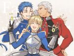  1girl 2boys :d ^_^ ahoge anniversary archer_(fate) armor armored_dress armored_gloves artoria_pendragon_(fate) blue_dress blue_hair blue_shirt boy_sandwich closed_eyes closed_mouth commentary_request copyright_name cu_chulainn_(fate) cu_chulainn_(fate/stay_night) dress facing_another facing_viewer fate/stay_night fate_(series) floating_hair frown grey_background grey_hair grin half-closed_eyes hand_on_another&#039;s_shoulder hand_on_own_hip hands_up juliet_sleeves long_hair long_sleeves looking_at_another low_ponytail medium_hair multiple_boys notice_lines open_clothes open_mouth open_shirt puffy_sleeves red_shirt saber_(fate) sandwiched shiomi_ac shirt short_hair simple_background smile sparkle spiked_hair teeth upper_body upper_teeth_only v v-shaped_eyebrows w_arms 