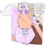  anthro bulge canine clothed clothing colored_sketch dialogue dickgirl english_text inside intersex jroy101 looking_at_viewer mammal mature_dickgirl nipple_bulge roi silly solo standing text thick_thighs voluptuous wide_hips 
