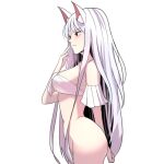  1girl absurdres animal_ears bandeau blush bottomless breasts covering_own_mouth detached_sleeves dungeon_and_fighter fox_ears from_side front-tie_top highres long_hair medium_breasts navel nayak red_eyes short_sleeves simple_background solo very_long_hair white_background white_hair 