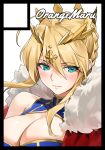  ahoge artoria_pendragon_(all) artoria_pendragon_(lancer) bangs blonde_hair blush braid breasts cape cleavage cleavage_cutout closed_mouth commentary crown fate/grand_order fate_(series) french_braid fur-trimmed_cape fur_trim green_eyes hair_between_eyes large_breasts orange_maru red_cape sidelocks solo swept_bangs yang-do 
