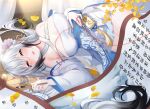  1girl absurdres azur_lane black_hair commentary_request criss-cross_halter detached_sleeves flower gradient_hair hai_tien_(azur_lane) hair_flower hair_ornament halterneck highres holding holding_brush lingshalan long_hair long_sleeves looking_at_viewer lying miniskirt multicolored_hair on_back parted_lips pleated_skirt skirt solo thighs translation_request very_long_hair white_hair white_skirt yellow_eyes 