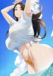  1girl arms_up bikini blue_sky blueorca blush breasts brown_eyes brown_hair highleg highleg_bikini highres large_breasts long_hair looking_at_viewer navel ocean original parted_bangs shirt short_sleeves sky solo swimsuit tied_shirt wading white_shirt yellow_bikini 