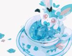  alternate_color animal_focus black_butterfly blue_butterfly blue_liquid bright_pupils bug butterfly commentary_request cup drink expressionless flower full_body grey_background in_container in_cup leaf li04r no_humans pink_eyes pokemon pokemon_(creature) ribbon shiny_pokemon signature sitting sylveon teacup white_flower 