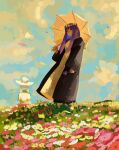  2girls absurdres bchan1582 black_coat closed_mouth cloud coat dress fern_(sousou_no_frieren) field fine_art_parody flower flower_field flower_wreath frieren grey_hair hat head_wreath highres holding holding_flower holding_umbrella long_hair long_sleeves multiple_girls outdoors parody petals purple_eyes purple_hair smile solo_focus sousou_no_frieren standing umbrella white_dress white_headwear wind woman_with_a_parasol 