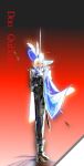  1girl black_jacket black_pants blonde_hair blue_cape blue_headwear cape cavalier_hat character_name don_quixote_(project_moon) evelynyi21085 full_body hat_feather highres holding holding_sword holding_weapon jacket limbus_company pants project_moon short_hair solo standing sword weapon 
