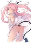  ;o ass bare_legs bare_shoulders black_panties breasts commentary_request cropped_legs demon_girl demon_tail dress from_behind gloves highres kedama_milk long_hair looking_back one_eye_closed original panties pink_eyes pink_hair pointy_ears simple_background sketch small_breasts solo sweatdrop tail thong underwear very_long_hair white_background white_dress white_gloves 