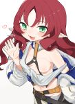  1girl :3 arknights belt breasts earrings green_eyes havilaladlf heart highres jewelry large_areolae long_hair looking_at_viewer midriff myrtle_(arknights) navel nipples one_breast_out open_mouth pointy_ears red_hair simple_background small_breasts smile solo strap_slip upper_body wardrobe_malfunction waving white_background 