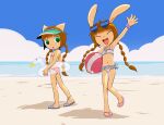  2girls :o absurdres animal_ears anklet ball beach beachball bikini blunt_bangs bracelet braid brown_hair cat_ears closed_eyes day dot_nose english_commentary eyewear_on_head green_eyes heart heart-shaped_eyewear highres holding holding_ball horizon innertube jewelry mimi_(pop&#039;n_music) multiple_girls navel nyami_(pop&#039;n_music) ocean outdoors pestil pop&#039;n_music rabbit_ears sandals siblings standing standing_on_one_leg swim_ring swimsuit twin_braids twins visor_cap waving 