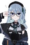  1girl adjusting_eyewear aqua_ribbon beret black_choker black_headwear black_shirt blue_eyes blue_jacket choker closed_mouth collared_shirt commentary_request dress_shirt earrings glasses green_ribbon hair_between_eyes hair_ribbon hat hololive hoshimachi_suisei hoshimachi_suisei_(streetwear) jacket jewelry long_sleeves looking_at_viewer neck_ribbon off_shoulder one_side_up open_clothes open_jacket ribbon ring saifu_(saihu715) shirt short_sleeves sidelocks simple_background solo upper_body virtual_youtuber white_background 