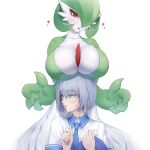  1boy 1girl blue_eyes blue_headwear blue_necktie blush bob_cut breast_rest breasts breasts_on_head collarbone collared_shirt colored_skin commentary english_commentary florian_(pokemon) gardevoir green_hair green_skin grey_hair hair_between_eyes hair_over_one_eye half-closed_eyes hands_up hat heart hetero highres holding holding_clothes holding_hat huge_breasts interspecies limeblock looking_at_another looking_down looking_to_the_side multicolored_skin necktie one_eye_covered open_mouth pokemon pokemon_(creature) pokemon_sv red_eyes school_uniform shiny_skin shirt short_hair short_sleeves sidelocks simple_background skindentation standing two-tone_skin upper_body white_background white_shirt white_skin 