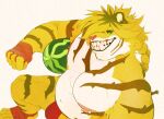 2024 5_fingers anthro bedroom_eyes belly blonde_hair bulge clothed clothing felid fingers food fruit fur green_sclera grin hair hi_res high-angle_view holding_object kemono lifewonders looking_at_viewer macan_(tas) male mammal melon musclegut muscular muscular_anthro muscular_male narrowed_eyes navel nipple_piercing nipples pantherine piercing plant raynejaywright red_clothing red_underwear seductive sharp_teeth simple_background sitting smile solo striped_body stripes teeth tiger tokyo_afterschool_summoners topless underwear watermelon white_background white_body white_fur yellow_body yellow_fur