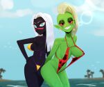 2022 alien alien_humanoid ambient_bird areola areola_slip avian big_breasts bikini bird black_body black_skin blue_eyes breasts butt clothed clothing crossover day disney duck_dodgers duo ear_piercing eyebrow_through_hair eyebrows eyelashes female fingers freckles green_areola green_body green_skin grin hair half-closed_eyes hand_on_hip hand_on_own_hip hi_res humanoid humanoid_pointy_ears leaning leaning_forward long_hair looking_at_viewer looking_back lord_dominator martian mouthless narrowed_eyes noseless not_furry one-piece_swimsuit outside piercing pink_sclera queen_tyr&#039;ahnee seaside skimpy smile standing swimwear teeth thehumancopier thong translucent translucent_hair underwear wander_over_yonder wet