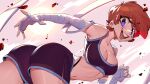  1girl absurdres ass bandaged_arm bandages bellboy_(freaked_fleapit) bent_over blue_eyes breasts cleavage freaked_fleapit_(game) freakedfleapit highres looking_at_viewer midriff navel open_mouth orange_hair panty_straps short_hair shorts sports_bra sun tomboy 