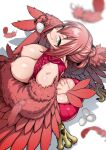  1girl ass bird_legs bird_tail blush breasts breasts_out claws commentary_request egg feathered_wings feathers green_eyes hair_between_eyes hair_up harpy highres holding holding_egg jun_(rojiura_jack) kneeling large_breasts long_hair looking_at_viewer meme_attire monster_girl nipples original pink_feathers pink_sweater pink_wings pointy_ears smile solo sweater tail virgin_killer_sweater winged_arms wings 