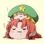  2girls beret black_bow blonde_hair blush bow braid closed_eyes commentary_request drooling flandre_scarlet full_body green_headwear hat hat_ornament hong_meiling long_hair multiple_girls open_mouth orange_hair paplikaling side_braids simple_background sleeping star_(symbol) star_hat_ornament touhou twin_braids yellow_background yukkuri_shiteitte_ne zzz 