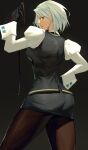 1girl ace_attorney ass black_vest franziska_von_karma highres holding holding_whip juliet_sleeves long_sleeves looking_at_viewer madoro_q mole mole_under_eye pantyhose pencil_behind_ear pencil_skirt phoenix_wright:_ace_attorney_-_justice_for_all puffy_sleeves short_hair skirt twisted_hair vest whip 