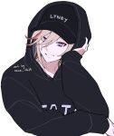  1boy artist_name baseball_cap black_headwear black_hoodie blonde_hair character_name clothes_writing commentary cropped_torso elbow_rest english_commentary facial_mark genshin_impact hair_between_eyes hand_up hat head_rest hood hood_up hoodie long_sleeves looking_at_viewer lyney_(genshin_impact) male_focus medium_hair multicolored_hair nana_illust parted_bangs parted_lips purple_eyes red_hair simple_background sleeves_past_wrists smile solo streaked_hair swept_bangs teardrop_facial_mark upper_body white_background 
