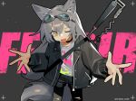  absurdres animal_ears baseball_bat black_thighhighs character_name cowboy_shot english_text fang ghost_(tama) goggles goggles_on_head grey_hair highres jacket leather leather_jacket long_hair one_eye_closed open_mouth original shorts tail thighhighs wolf_ears wolf_girl wolf_tail yellow_eyes 