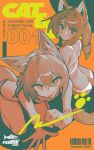  2girls absurdres animal_ears barcode bent_over bikini cat_ears cat_girl cat_tail drill_hair english_text full_body ghost_(tama) highres looking_at_viewer multiple_girls orange_background original paw_print swimsuit tail tongue tongue_out wolf_ears wolf_girl wolf_tail 