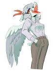 2024 alpha_channel amber_(snoot_game) amber_eyes anthro bow_(feature) clothing digital_drawing_(artwork) digital_media_(artwork) dinosaur dress_shirt eyelashes feathered_wings feathers female grey_body grey_scales hair hand_in_pocket hi_res khaki_pants long_sleeve_shirt looking_at_viewer open_mouth open_smile pockets pterodactylus pterosaur reptile sahara_congo_bongo scales scalie shirt short_hair short_tail silver_hair simple_background smile snoot_game solo tail tongue topwear transparent_background wings