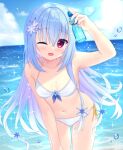  1girl ;d arm_up bare_arms bikini blue_flower blue_hair blue_sky blurry blurry_background blush bottle breasts breasts_apart commentary_request cowboy_shot crossed_bangs curvy day floating_hair flower hair_between_eyes hair_flower hair_ornament halterneck hamidashi_creative happy highres holding holding_bottle leaning_forward light_blue_hair long_hair looking_at_viewer medium_breasts nanatsu_(na_na_tsu) navel ocean one_eye_closed open_mouth outdoors ramune red_eyes sidelighting sky smile solo sparkle straight_hair sunlight swimsuit very_long_hair water_drop wet white_bikini yukige_shiki 