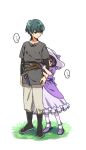  ... 1boy 1girl aged_down alternate_costume arm_hug belt bernadetta_von_varley black_footwear blue_eyes blue_hair boots brown_belt byleth_(fire_emblem) byleth_(male)_(fire_emblem) closed_mouth commentary_request dress fire_emblem fire_emblem:_three_houses grey_shirt hat height_difference highres looking_at_another pants pantyhose puffy_short_sleeves puffy_sleeves purple_dress purple_eyes purple_footwear purple_hair sheath sheathed shirt shoes short_hair short_sleeves short_sword sun_hat sword two-tone_dress weapon white_background white_dress white_headwear white_pants white_pantyhose zourimushi_(poibosu) 