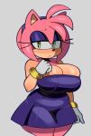 amy_rose anthro big_breasts black_nose bodily_fluids bracelet breasts bulging_breasts cleavage clothed clothing dress eulipotyphlan eyelashes eyeshadow female fiinel fur green_eyes grey_background hair half-closed_eyes hedgehog hi_res jewelry looking_at_viewer makeup mammal narrowed_eyes pink_body pink_fur purple_clothing purple_dress sega short_hair simple_background solo sonic_the_hedgehog_(series) sweat tan_body tan_skin thick_thighs wide_hips