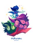  clenched_hands copyright_name deltarune furry green_hat grin hair_over_eyes hat holding holding_sword holding_weapon kris_(deltarune) pointing pokeno255 purple_hair ralsei red_scarf scarf smile studded_bracelet susie_(deltarune) sword teeth twitter_username weapon 